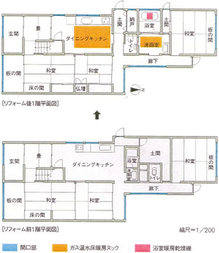 リフォーム前1階平面図とリフォーム後1階平面図